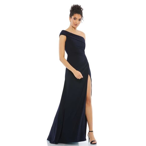 Mac Duggal 26517 Navy Foldover Off-the-Shoulder Slit Gown Size 12 New - Picture 1 of 6